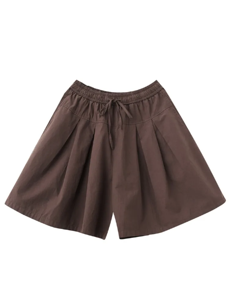 편안한 단색 플리츠 와이드 레그 팬츠 여성 여름 캐주얼 루즈핏 5부 길이 한국 스타일 출퇴근용