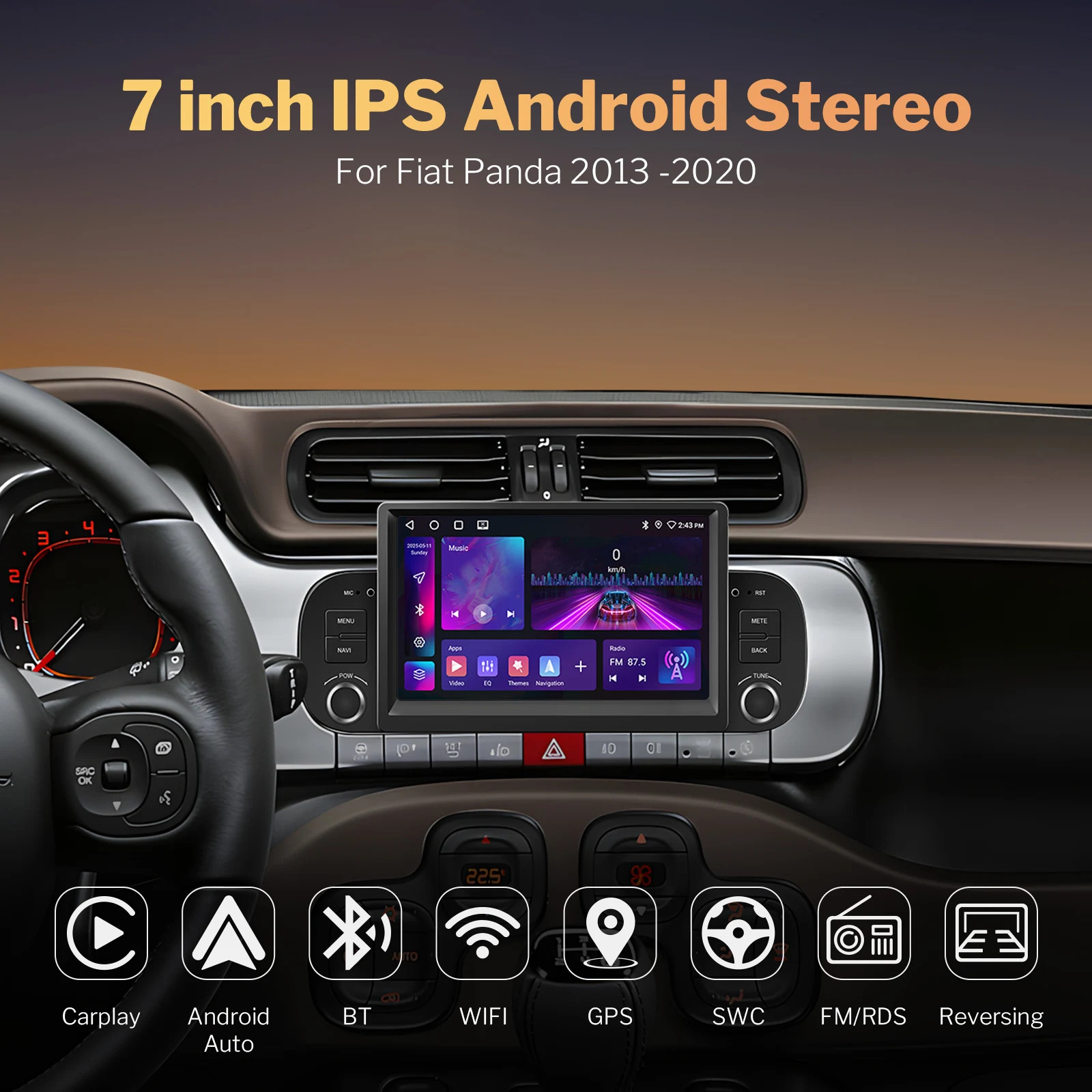 7 Inch Android 11 Car Stereo Wireless CarPlay Head Unit with GPS Navigation Model-specific for Fiat Panda 2013-2020 Replacement