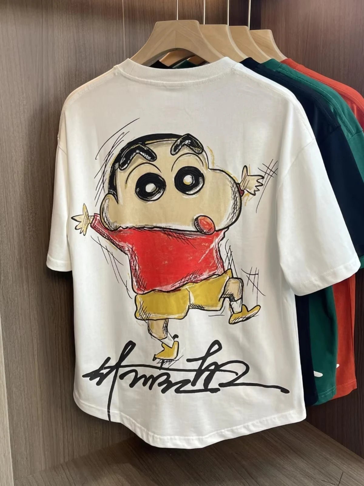 Cartoon Creative Crayon Shin-chan Graphic Print Cotton Loose Trendy Unisex High Quality Summer Casual Short Sleeve Tee Tops