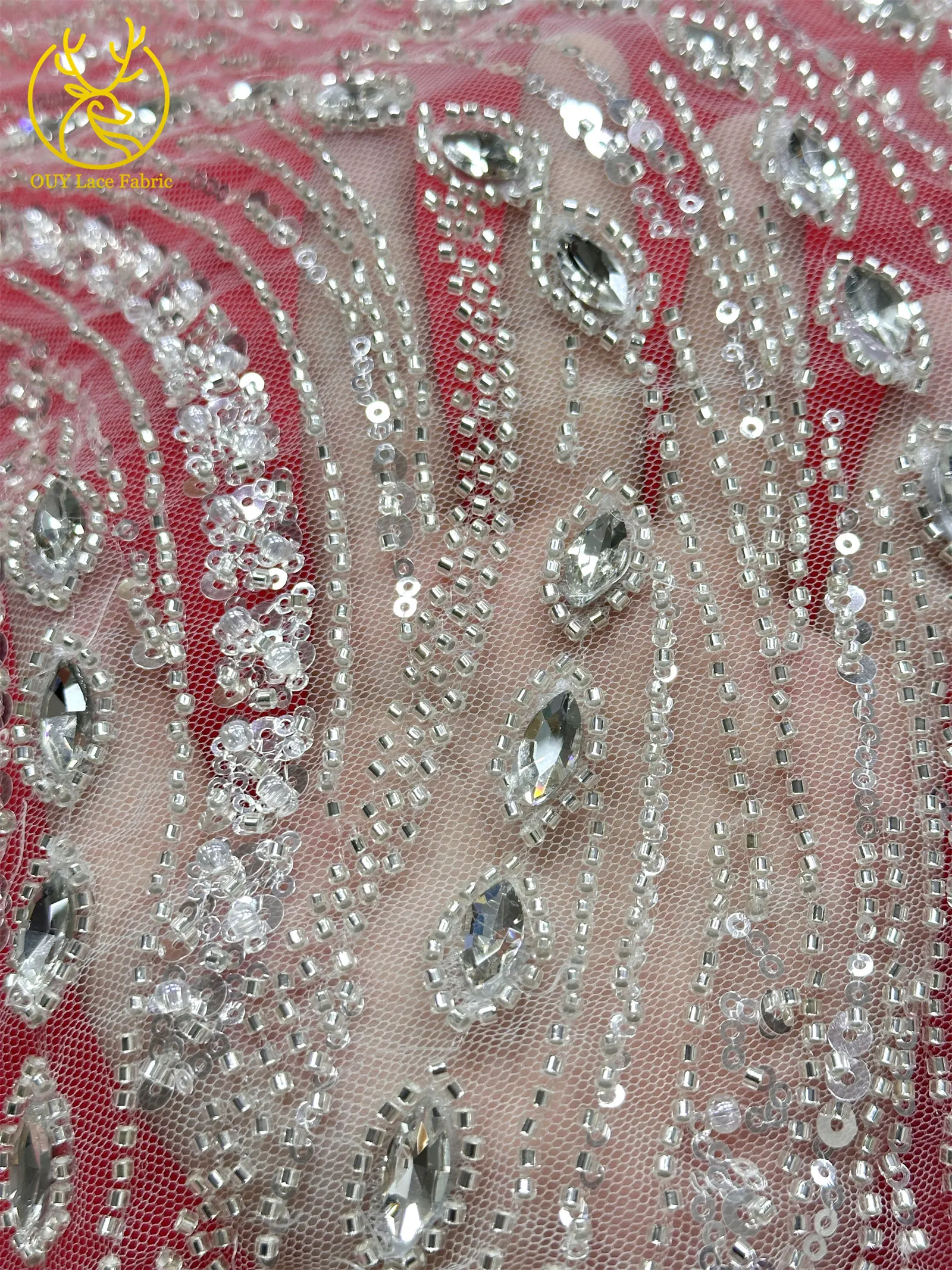 Marineblauer, hochwertiger, luxuriöser, österreichischer Diamant-Perlen-Spitzenstoff im neuen Stil 2026, afrikanischer Pailletten-Spitzenstoff für Brautkleider und Hochzeitsfeiern. – Detail 8