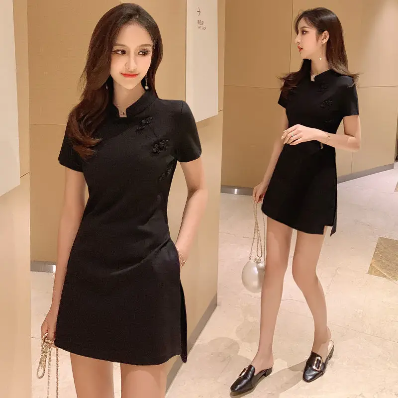 

Spring Summer Dresses Chinese Style Stand Collar Black Sexy Cheongsam Dress Bridesmaid Dress Woman Bodycon Dress Party Dress