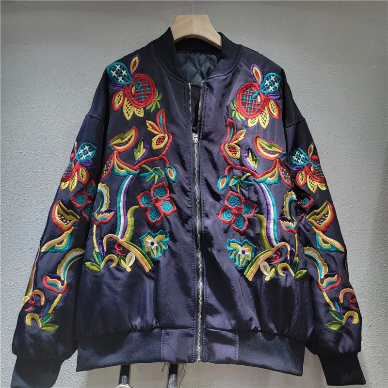เสื้อแจ็คเก็ตปักลายดอกไม้สำหรับผู้หญิง สไตล์ลำลอง ผ้าฝ้ายบุใย แขนยาว ซิป ผ้าซาติน แบบคาร์ดิแกน