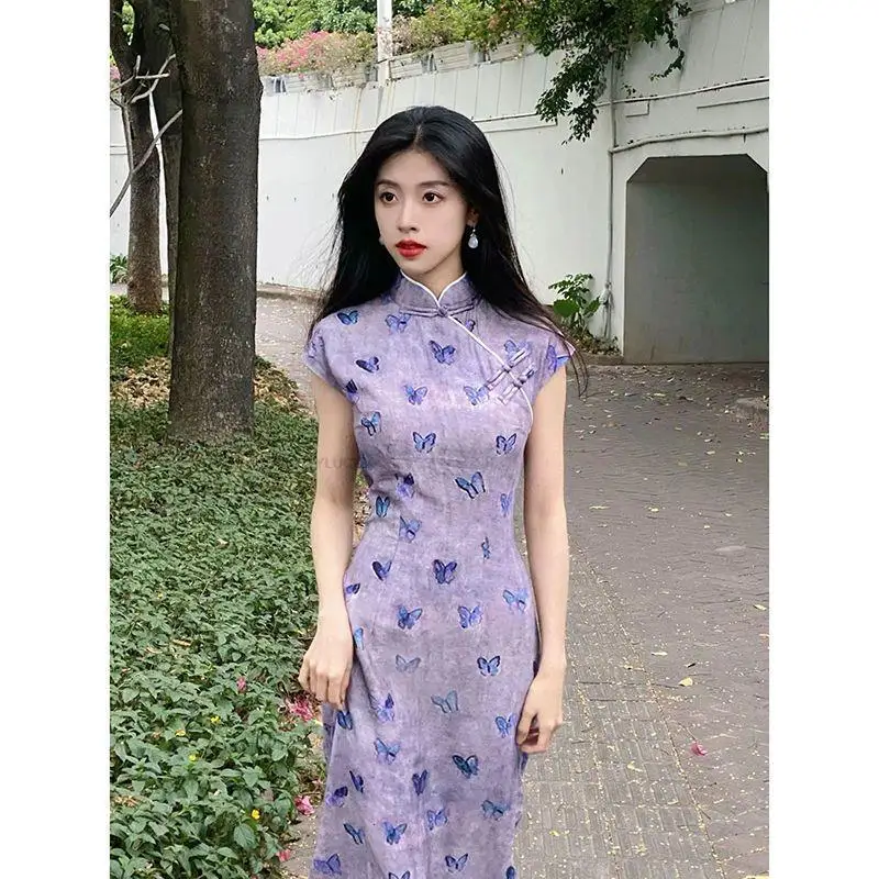 Chinese Vintage Lady Qipao Chinese Verbeterde Qipao Nationale Stijl Chinese Hanfu Jurk Cheongsam Vestido Dagelijkse Paarse Qipao Jurk