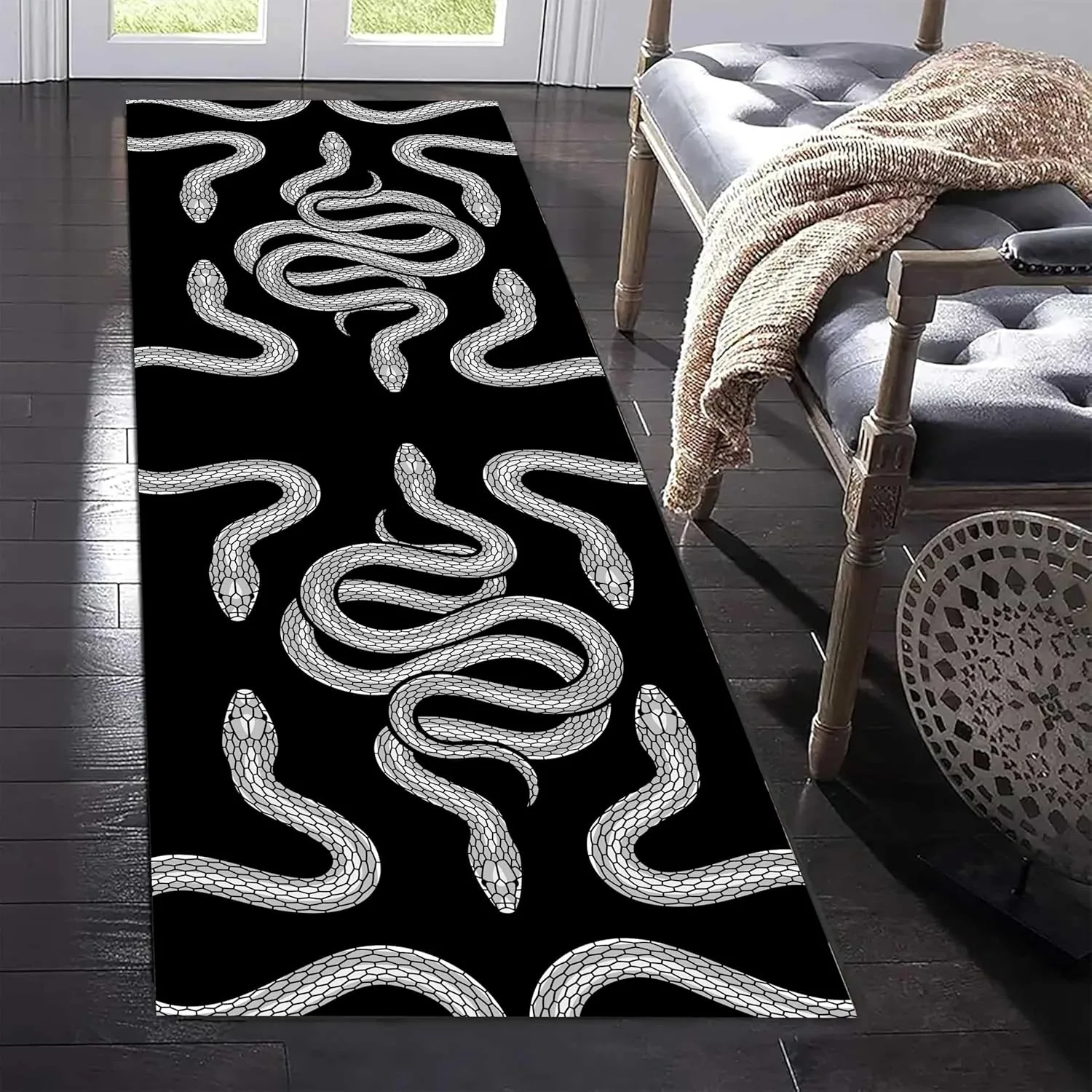Western Goth Serpent Area Rug,Retro Snake Green Rug, Non-Slip Carpets Hallway Runner for Living Room, Office, Kitchen
