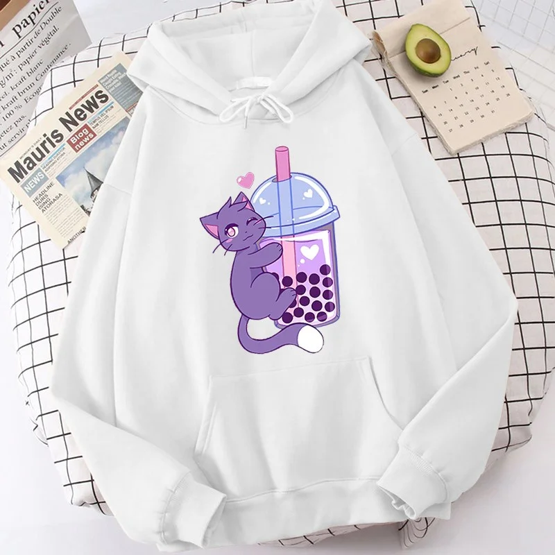 New Cat Boba Tea Pattern Print Hoodies For Women Fashion Casual Sports Sweatshirts Ladies Pullovers Tops