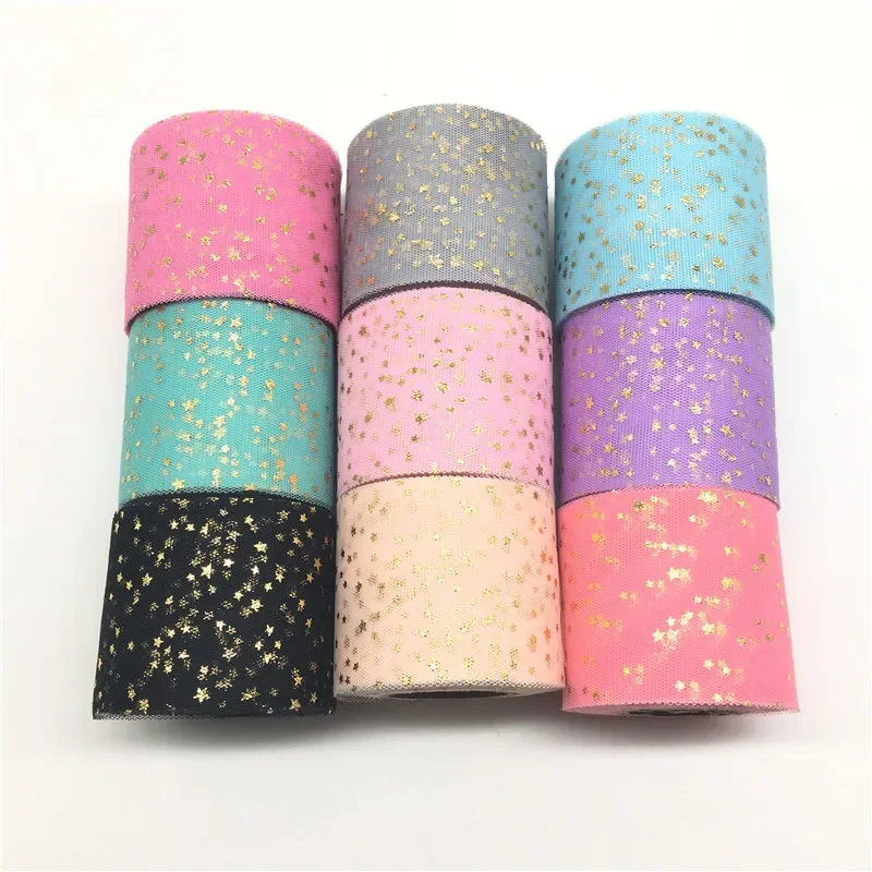 20yards/lot Width 6cm Golden Star Spot Printed Glitter Tulle Mesh Roll Spool Tutu Pom Soft Squine Tulle DIY Crafts Decoration