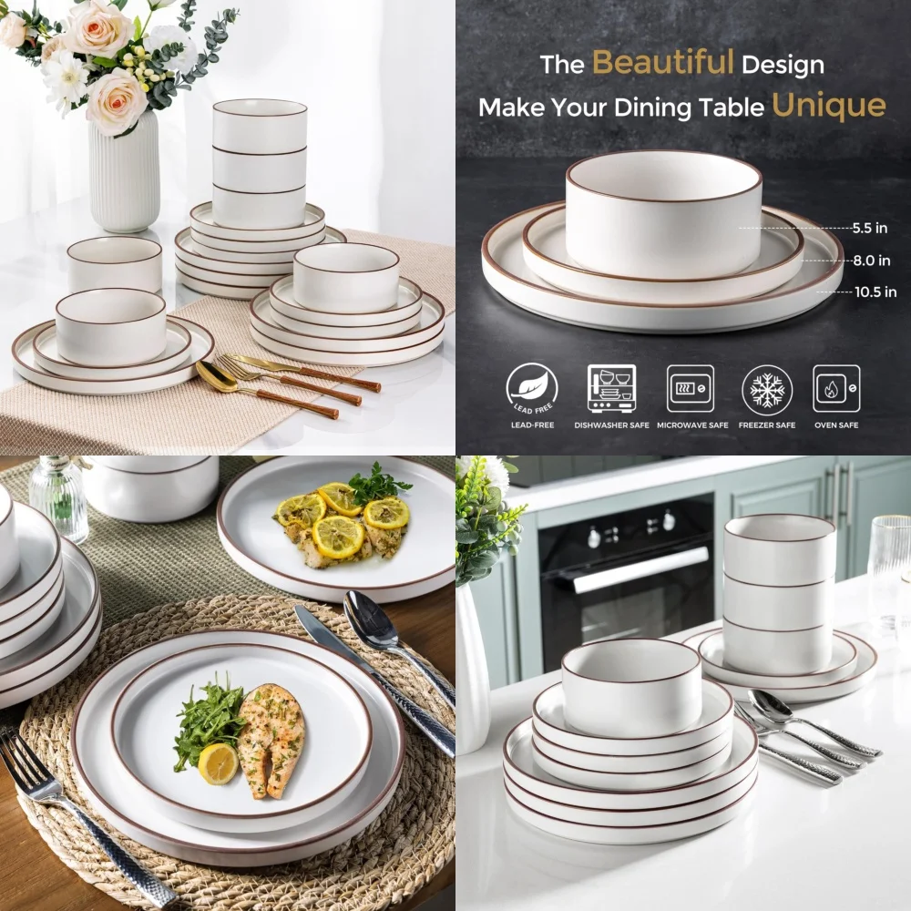 

Набор керамической посуды Набор керамической посуды премиум-класса на 8, с тарелками с высоким краем и мисками Прочный керамогранит, устойчивый к сколам