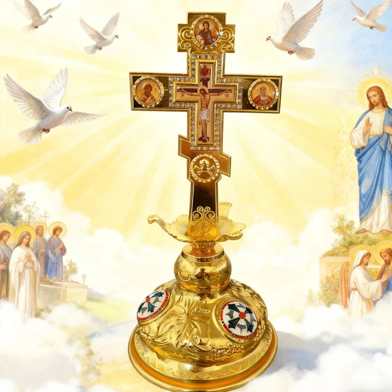 New 2026Orthodox Cross Blessing Cross With Stand For Church Home Decoration Passion of Jesus Icon Red and Blue Enomal Cross Gift