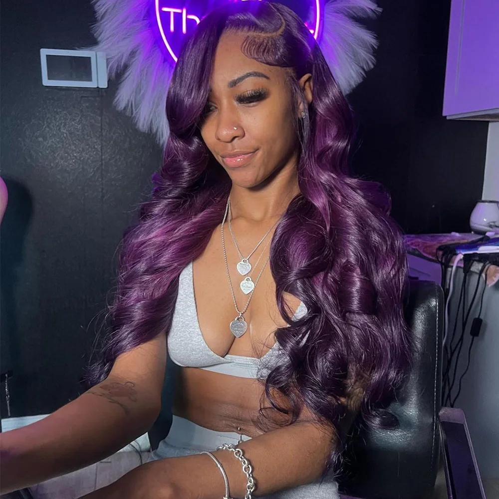 Linhua 12A 30Inch Deep Purple Colored Body Wave 13X4 Transparent Lace Wigs Remy 13X6 Lace Frontal Wig Preplucked With Baby Hair