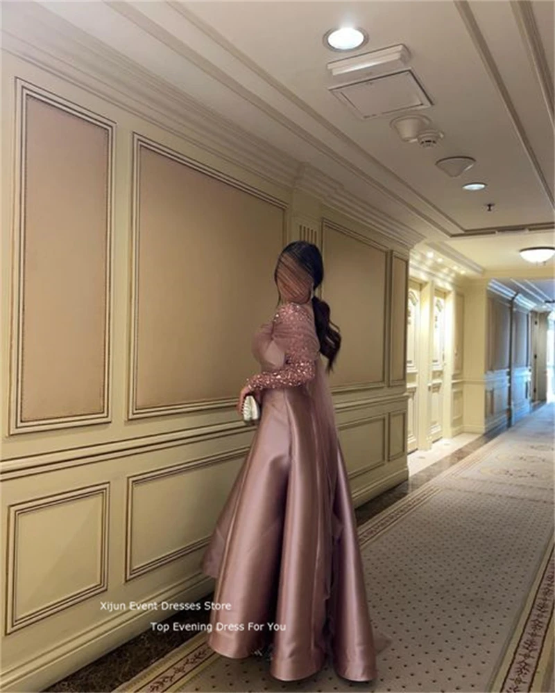 Xijun Sparkly Pink Prom Gowns Floor Length A-Line Evening Dress Formal Occasion Long Sleeves Party Gowns Vestidos Saudi Arabric