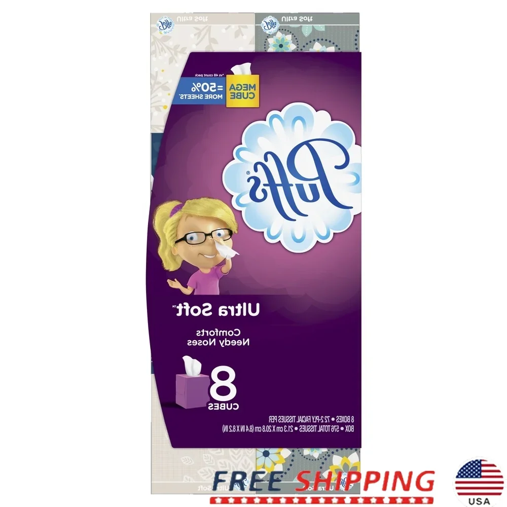 

Ultra Soft Non-Lotion Facial Tissues Mega Cube 72 Tissues 8 Pack Unscented Extra Strength Absorbent Gentle Allergy Relief Soft