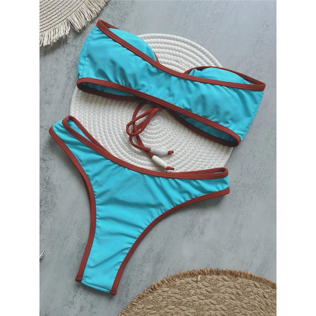 Bandeau-Bikini mit Knoten und hohem Beinausschnitt, brasilianischer Stil, Damen-Badeanzug, zweiteiliges Bikini-Set, Badebekleidung, Badeanzug, Modell V6402. – Detail 3