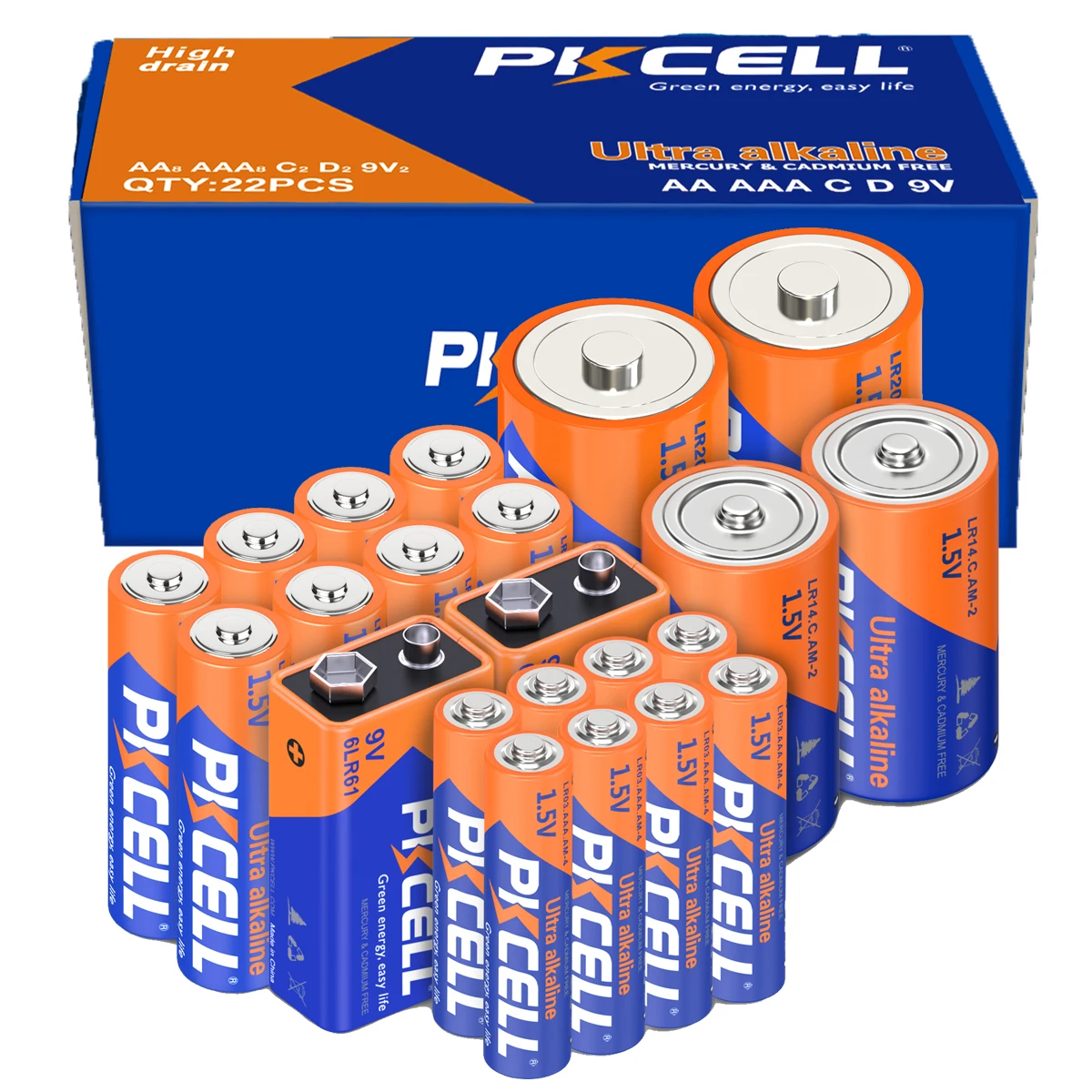 22PC/lot Aklaine battery 8PC AA Batteries,8PC AAA Batteries,2PC C Batteries,2PC D Batteries and 2PC 9V Batteries for Household