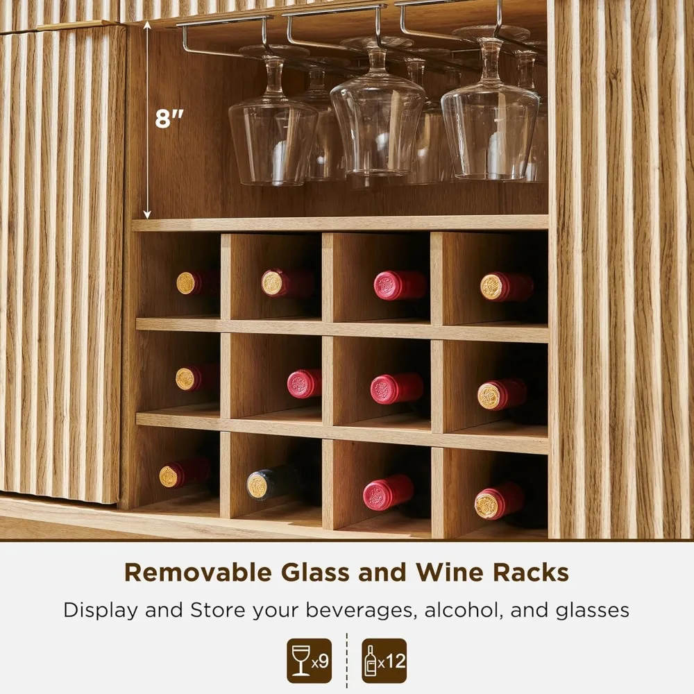 خادم بوفيه معاصر 60 بتصميم مخدد، يتميز بـ 3 أدراج وبابين لتخزين النبيذ ورفوف زجاجية #5