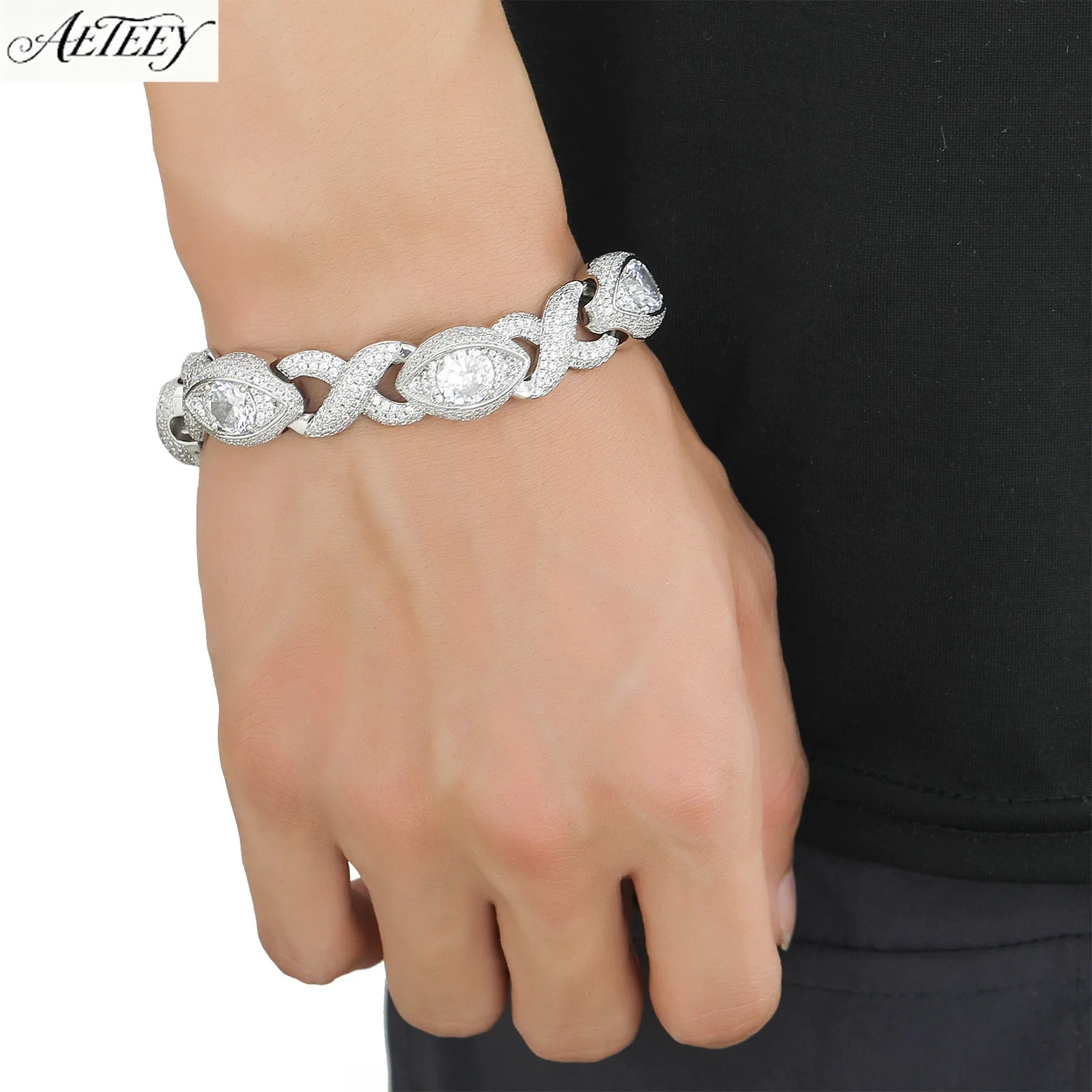 AETEEY 15MM Infinity Eye Cuban Link Bracelet Micro Pave Zircon Hip Hop Unique Men Wrist Jewelry
