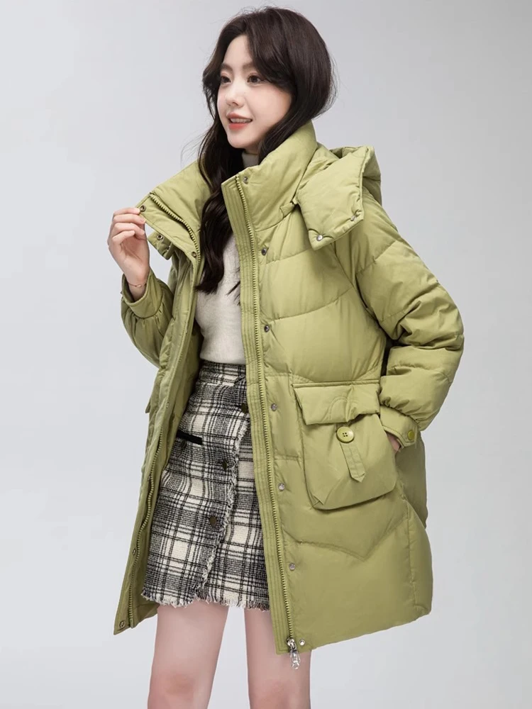 

Winter Hooded Warm Mid Length Down Jacket Female Waterproof Big Pocket Parker Outwears Women White Duck Down Zipper Down Jackets
