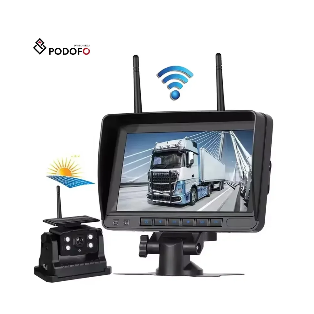 Podofo 7'' IPS HD Display Wireless Solar Reverse Camera Recording Car Rear View Camera Kit Waterproof DVR for Truck School Bus