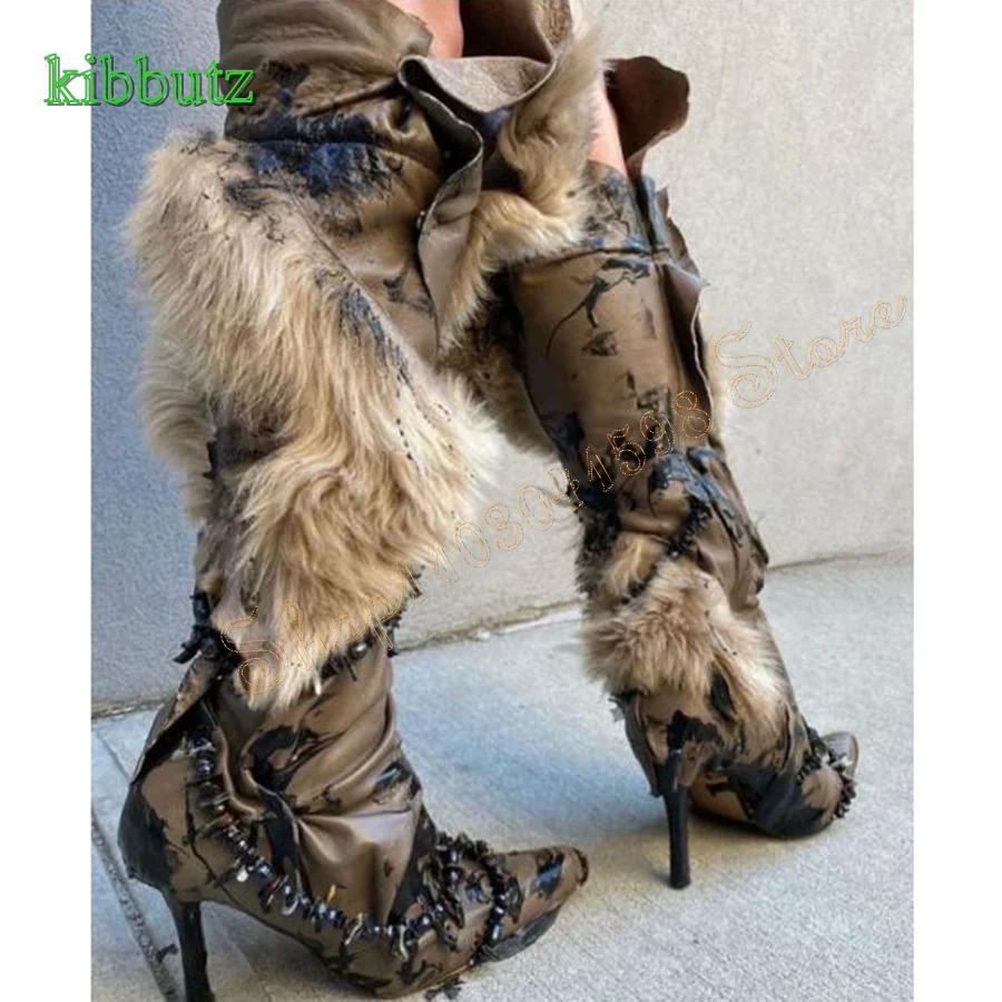 

BlingBling Crystal Furry Boots,Wrinkled Leather Knee High Boots Pointed Toe Stiletto Women Boots 2024 New Zapatos Para Mujere