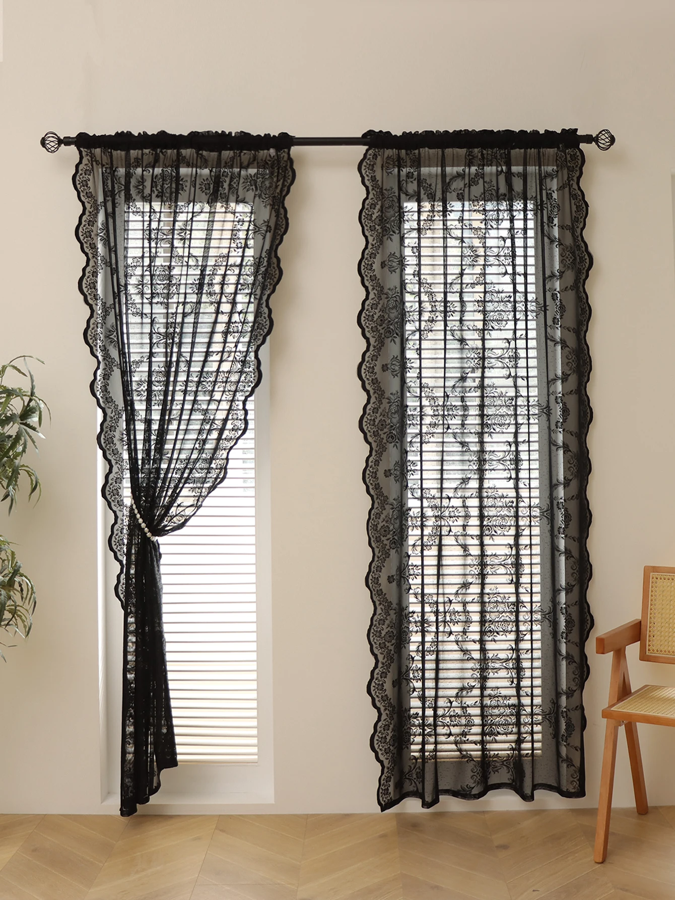 Black Lace Wave Flower Curtains 78 inch Living Room Bedroom Decorative Curtains, Party Wedding Holiday Curtains