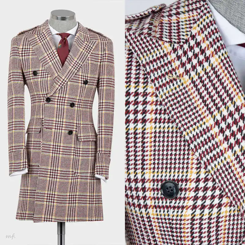 

British Style Plaid Men Overcoat Double Breasted Peaked Overcoat Autumn Winter Long Coats Occasion Outdoor Warmth Customized