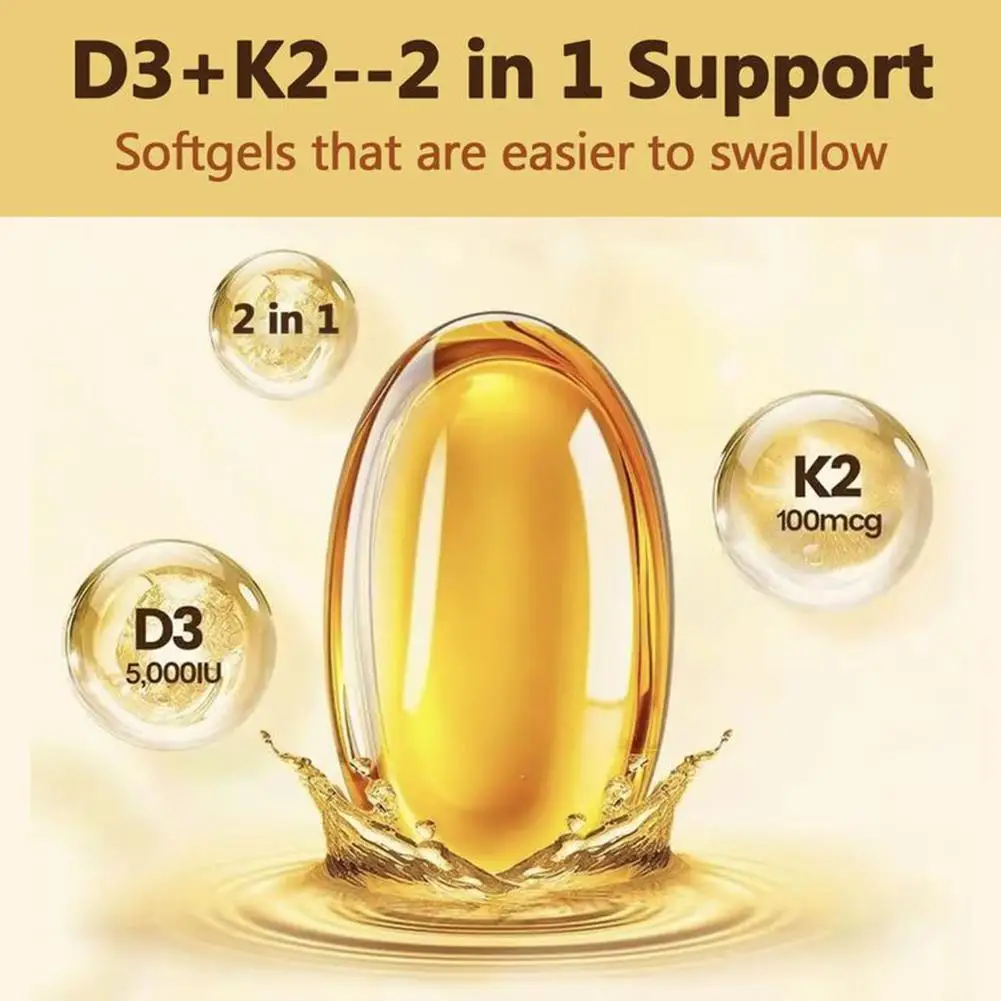 Vitamin D3 + K2 2 In 1 Support Assist Calcium Absorption Promote Healthy Bones Enhance Immunity 120 Pcs Soft Capsules
