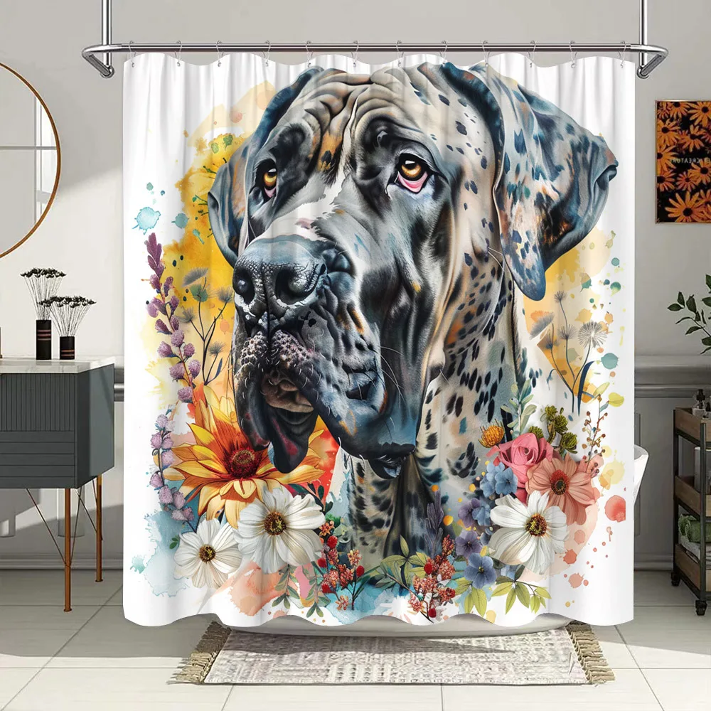 Great Dane Watercolor Shower Curtain 72x72 Polyester Washable with 12 Hooks Floral Pet Bathroom Decor