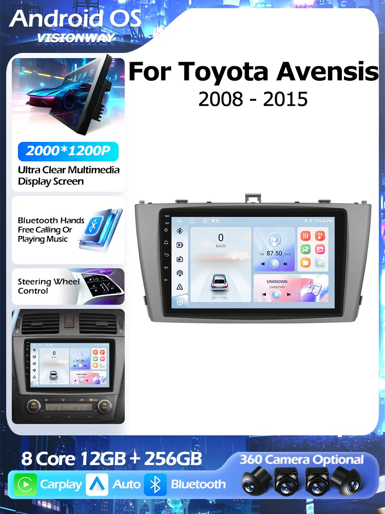 Android 16 QLED 2000*1200 P Voor Toyota Avensis T27 2008-2015 GPS Navigatie Multimedia Speler Auto draadloze CarPlay WIFI 4G - afbeelding 2