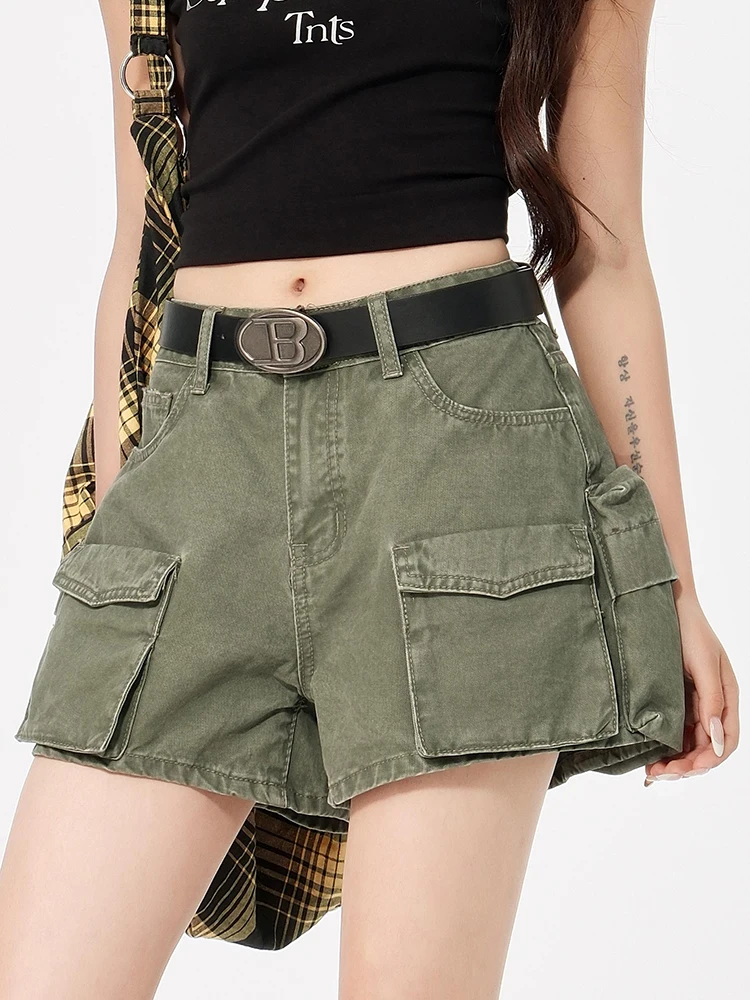 

Women's Denim Shorts Green High Waist Wide Shorts Harajuku Korean Style Y2k Casual Gradient A-line Jeans Short Pants Summer 2025