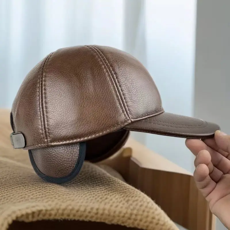Top Grain Cowhide Leather Baseball Cap for Men, Mature & Elder Gentlemen Classic Peak Hat, Spring Autumn Winter