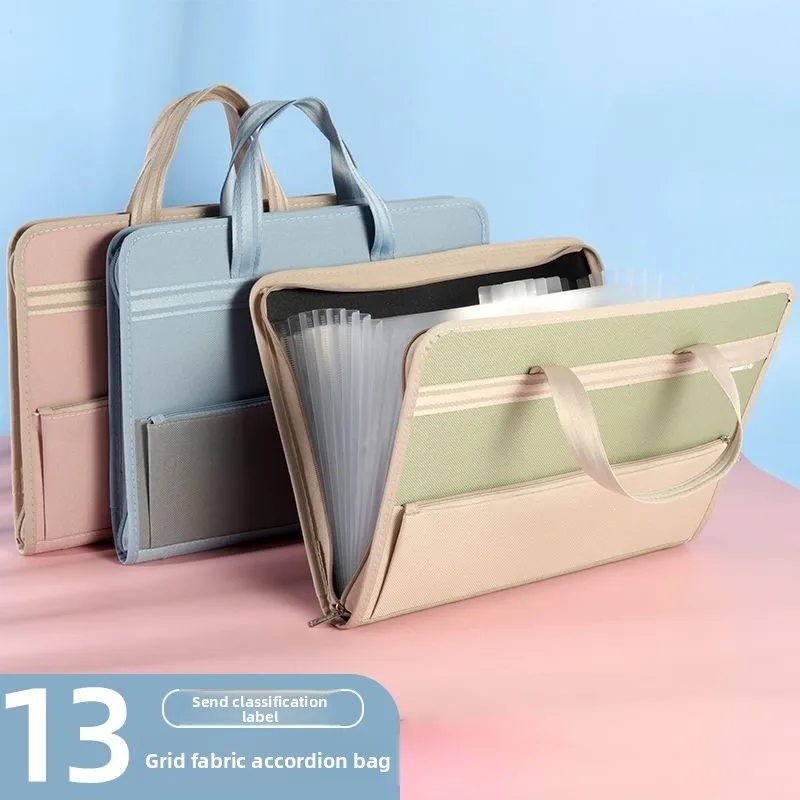 A4 A3 13 Pocket Expanding File Folder with Zipper and Handle, Fabric Document Organizer Bag for School, Office and Business
