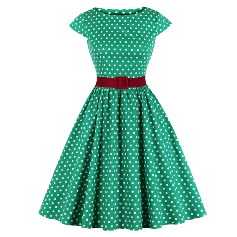 

Green White Retro Polka Dot 1950s Rockabilly Pleated Belted Dress Cap Sleeve Summer Women High Waist Cotton Vintage Dresses