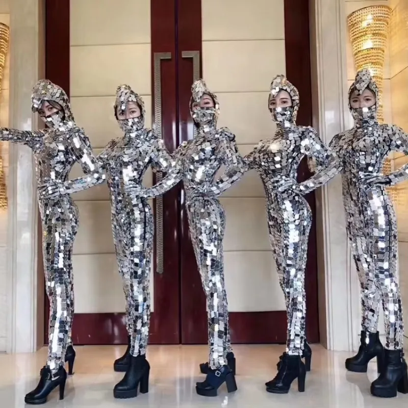 Sexy Woman Mirror Reflective Costume Set Silver Mirror Jumpsuit Costume Dance Props Gala DJ Club Performance Dance Costume
