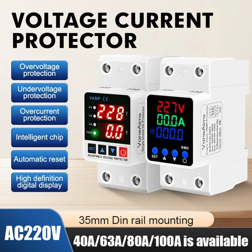 Protector de relé de voltaje 220v 40A 63A 80A carril Din dispositivo de protección de sobretensión ajustable limitador de corriente 220vac