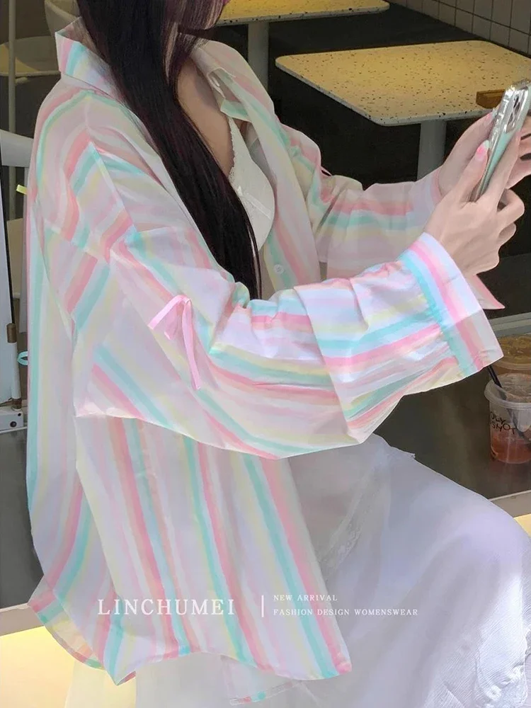 Zoki قوس قزح مخطط قميص المرأة عادية فضفاض الحلو الكورية بلوزة خمر كم طويل أنيق لطيف القوس سيدة الربيع الصيف القمم #4