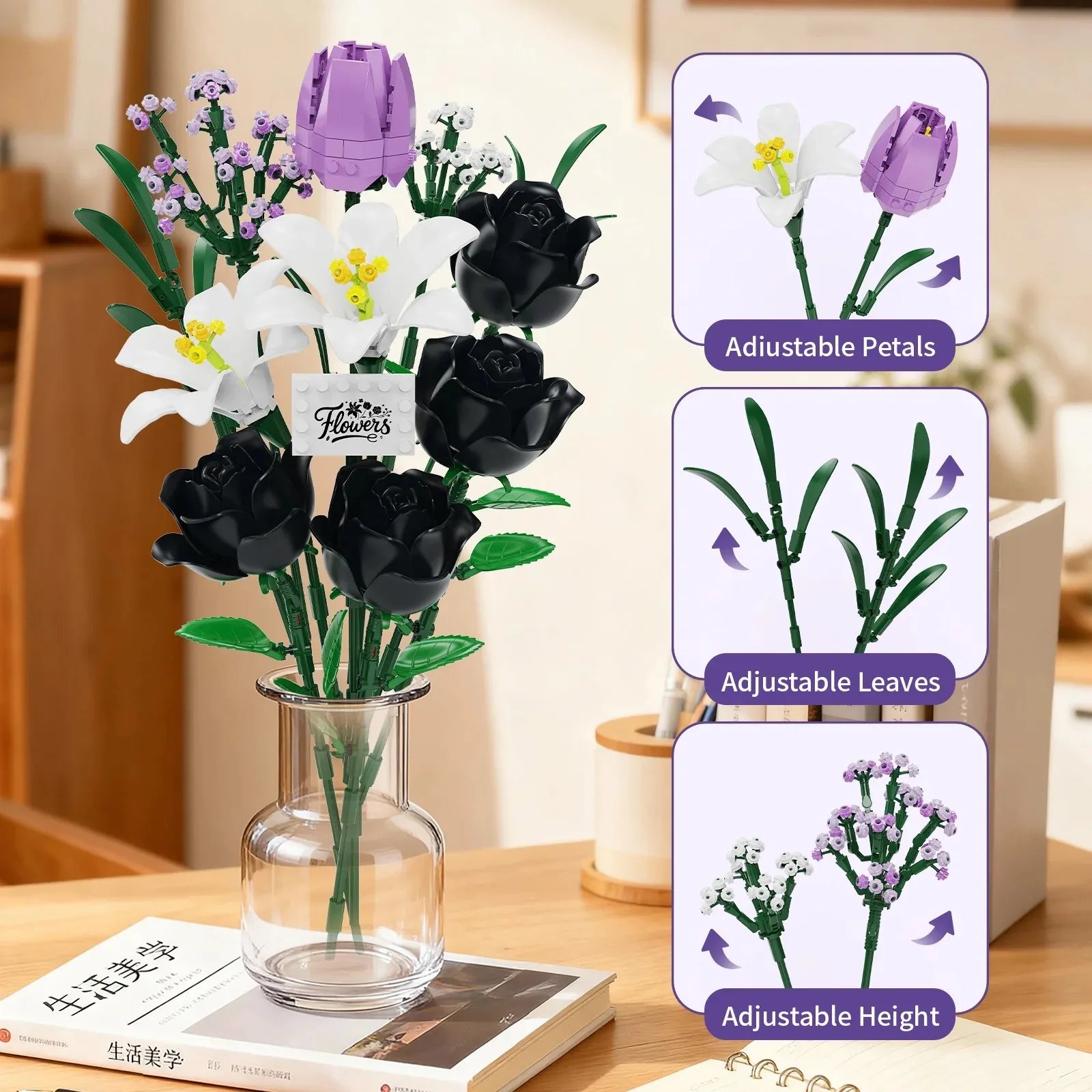 2026 Dark Romance Gothic Rose Bouquet Building Blocks Set Educational DIY Flower Model Kit Gift for Girls Mother Valentine's Day