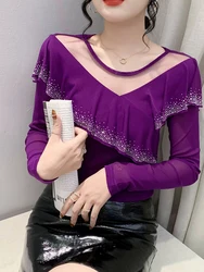 Spring Autumn Women's Long Sleeve Lace Trim Base Shirt Sexy Net Shirt Slimming T-Shirt Korean Style Commute Fashion Linen Mat...