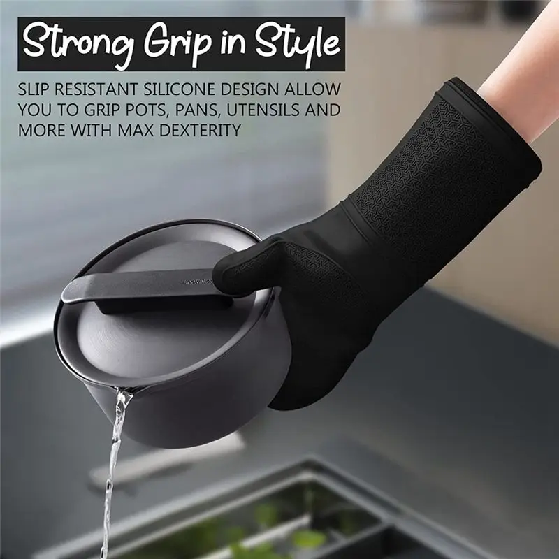 AB09 Silicone Oven Mitts - Jet Black Oven Mitts Heat Soft Lining Silicone Oven Gloves - Oven Mits Set Black