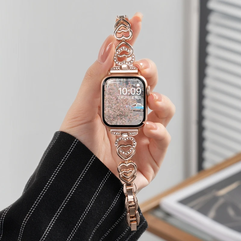 Lover Heart Diamond Strap For Apple Watch Band 38mm 40 41 42 44 45 46 49mm Women Metal Bracelet iWatch Series 10 9 8 7 6 SE 5 4 - view 3