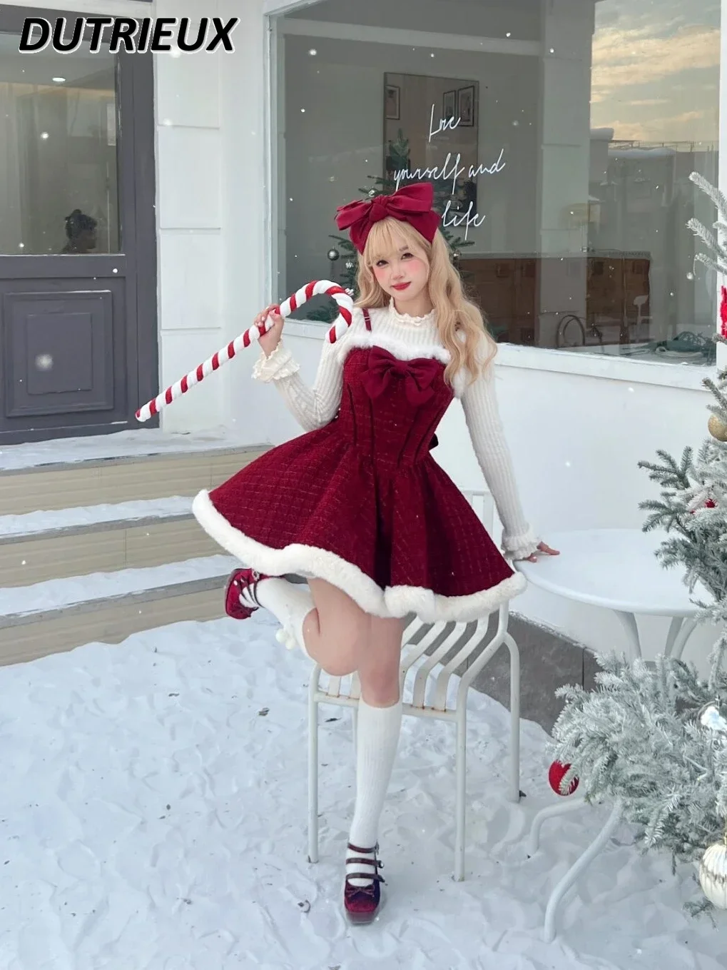 Pure Desire Christmas New Year Sweet Suit Lolita Red Bow Cloak Jacket and Knitted Base Shirt Suspender Short Dress Outfits