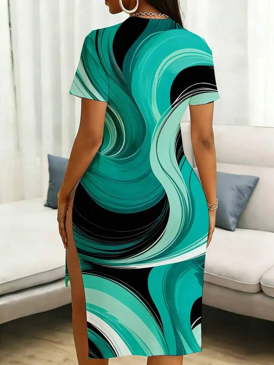 

Women V Neck Short Sleeve Abstract Print Midi Dress Casual Summer Beach Party Outfit