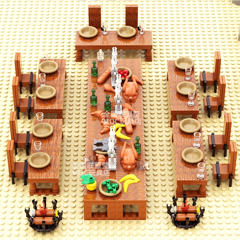 MOC City Restaurant Table Chair Bar Furniture Building block Medieval Figures Accessories Food Turkey Fruit Bricks Diy Toys