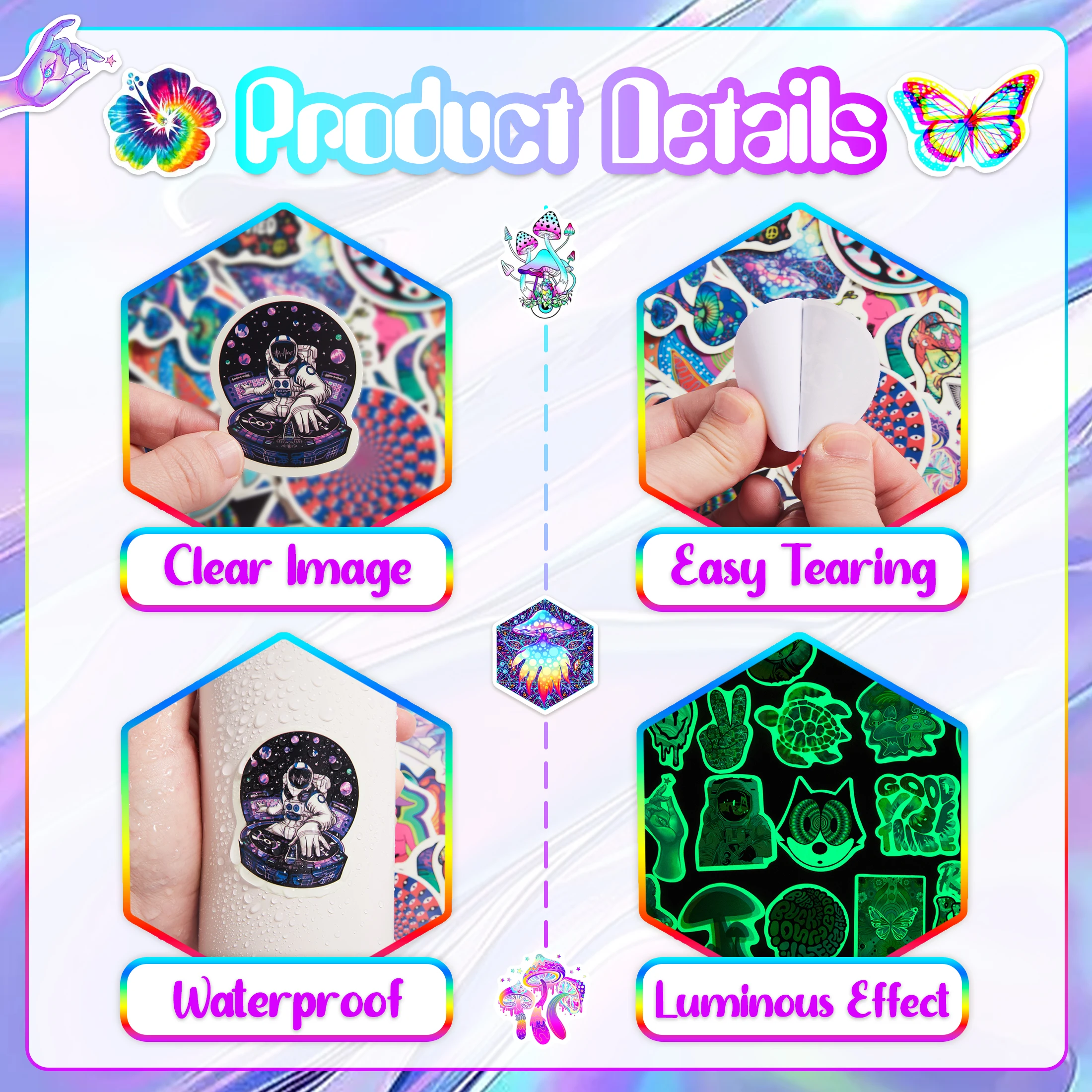 50Pcs Laser Fashion Glow in the Dark Stickers Waterproof Vinyl Decals Phone Case Skateboard Computer Decoration for Kids Gifts