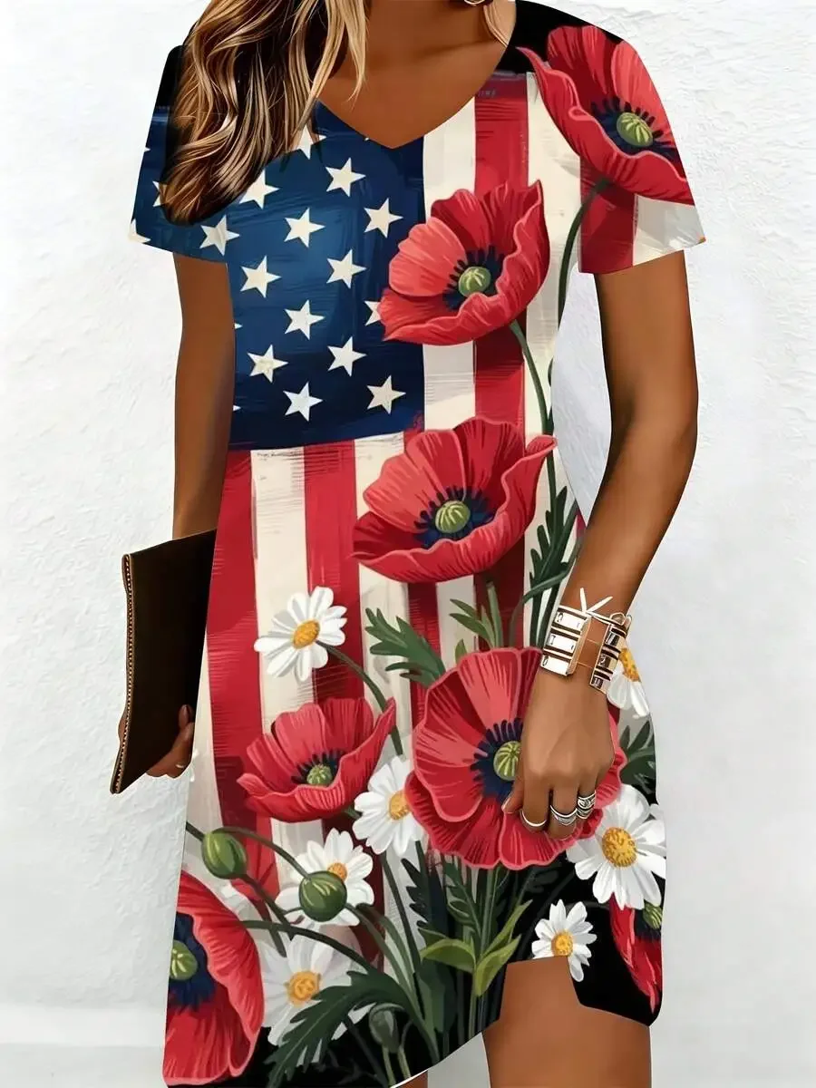 

V Neck Short Sleeve Dress With American Flag And Poppy Flower Print Casual Summer Womens Dress