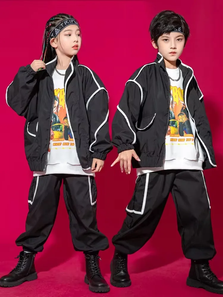 Girl Boy Hip Hop Clothing Black Zip Up Windbreak Bomber Jacket Top Casual Street Jogger Pants for Kid Jazz Dance Costume Clothes