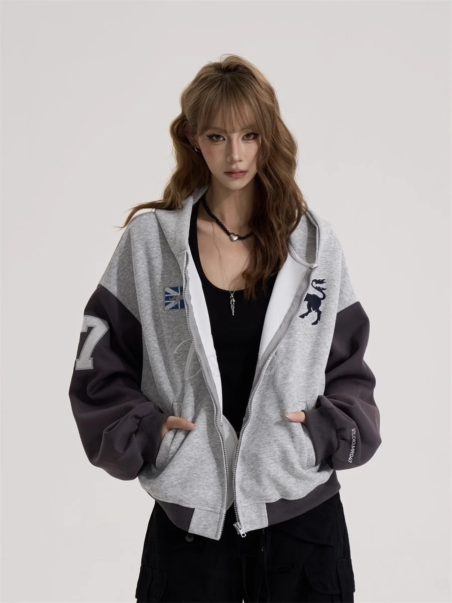

Retro American Spicy Girl Hooded Open Cardigan Sweatshirt Women's Spring Autumn Loose Slimming Versatile Embroidered Patchwor...