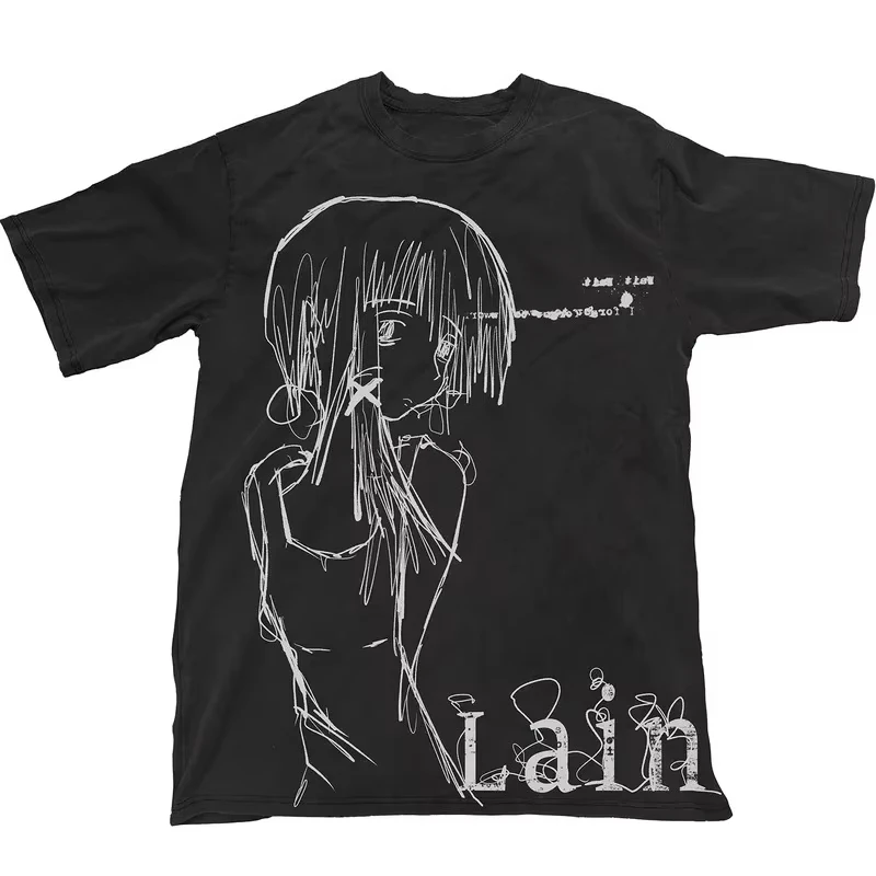 White Serial Experiments Lain Sketch Goth  Y2K Graphic T-Shirt Cotton Men Women Streetwear Tee