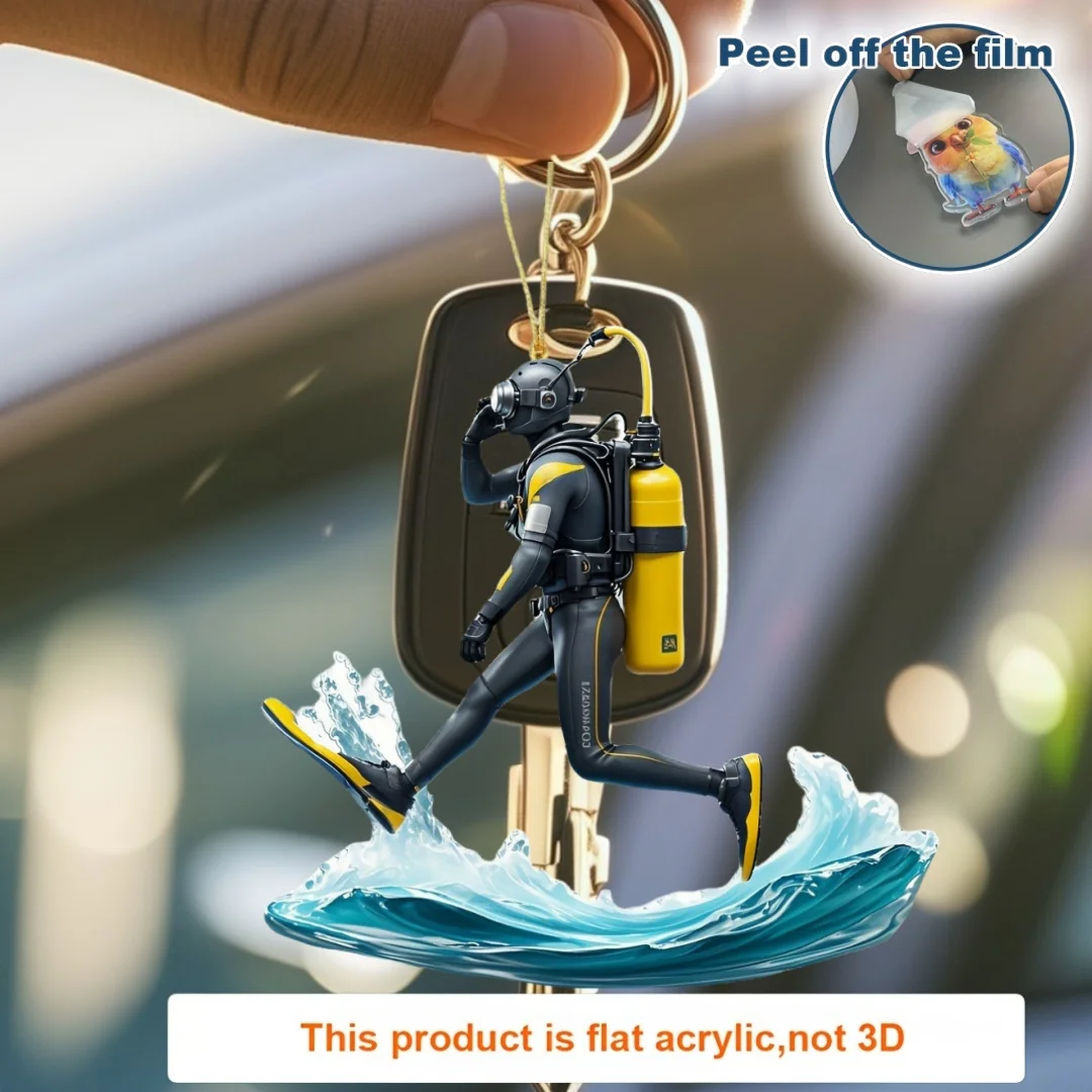 2D Diver With Waves Keychain Diving Theme Acrylic Pendant Fun Ornament Charms Hanging Decoration for Car Bag Festive Party Gifts