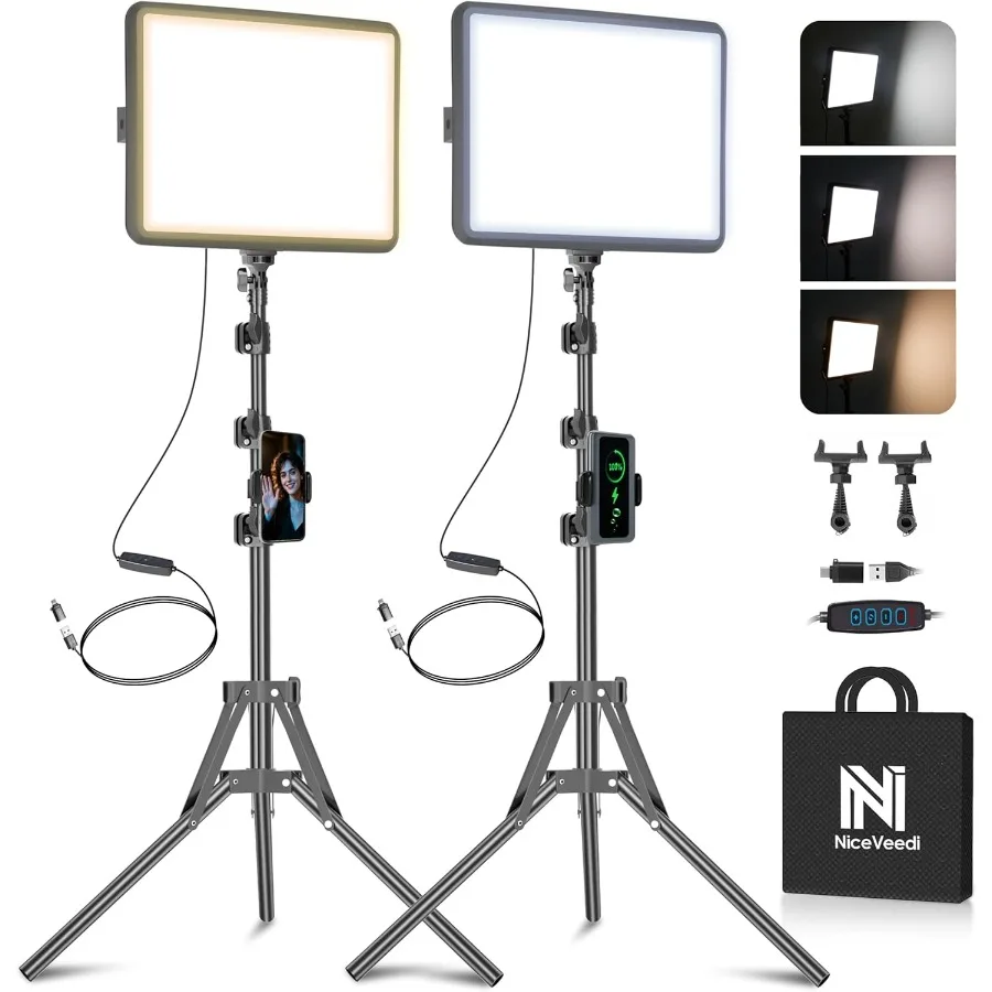 

2Pack LED Video Light Kit with 28006500K Adjustable Color Temperature and Dimmable Brightness Includes Tripod Stand and Phone H