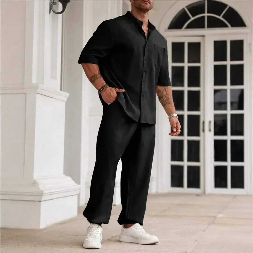 

New Hot Sale Of The Season Men's Commuter Cotton Linen Set Casual Button Shirt Short Sleeve Long Pants Outdoor Fashionable Male