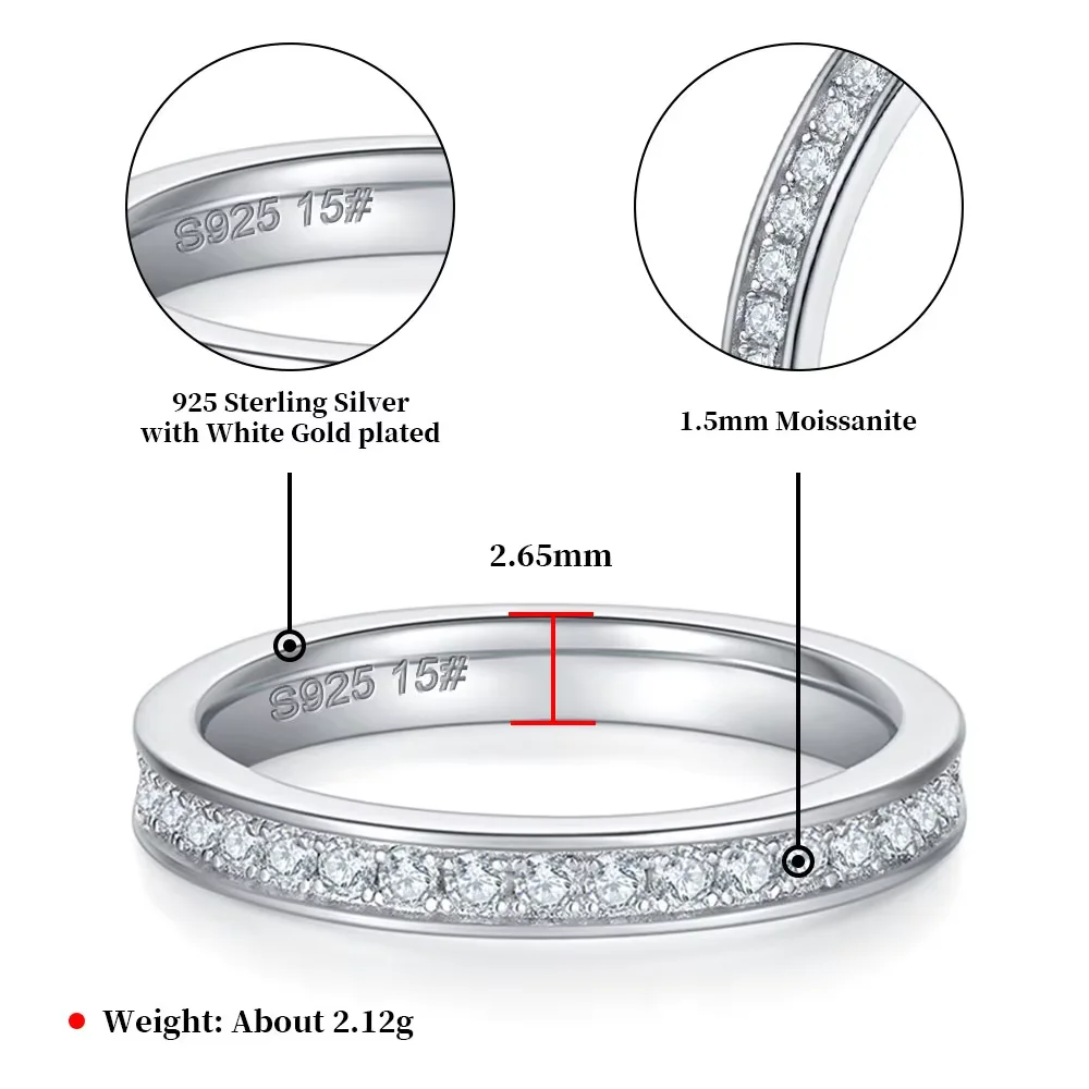 1.5mm Full Moissanite Rings for Women Eternity Wedding Band S925 Sterling Silver D Color Channel Set Lab Diamond Fine Jewelry